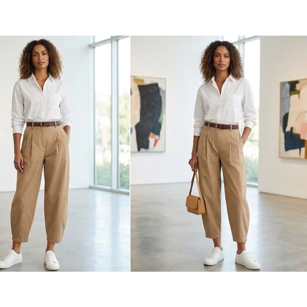 Anthropologie Exquise Pleated Barrel Leg Chino Pants Cedar Tan High Rise EUC M